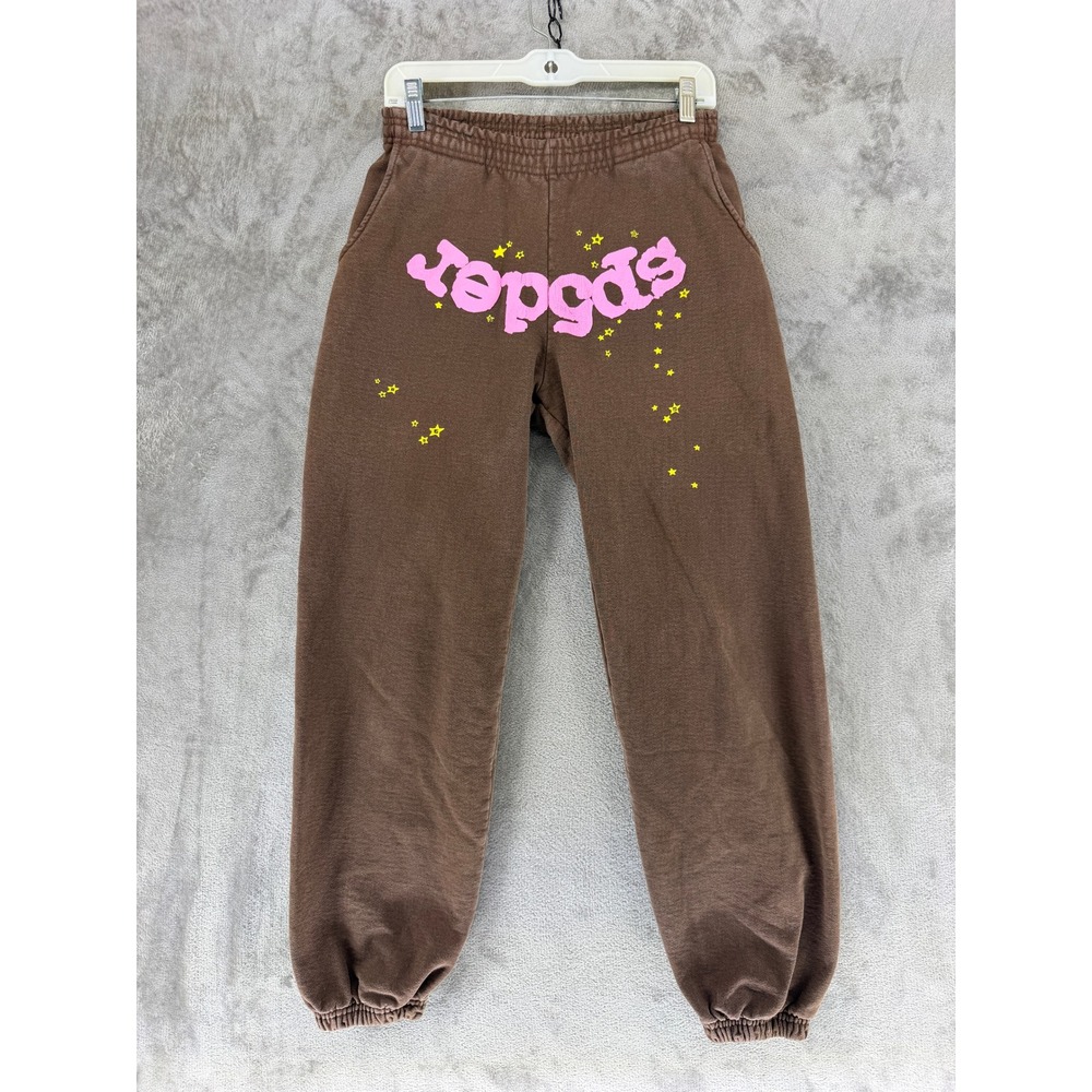 Sp5der Worldwide Sweatpants Unisex Small Brown Pink Puff Print Stars Joggers EUC